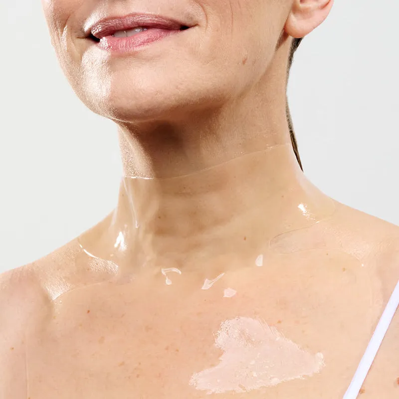 CurrentBody Hydrogel Neck & Décolletage Mask lifestyle photo showing the product in use