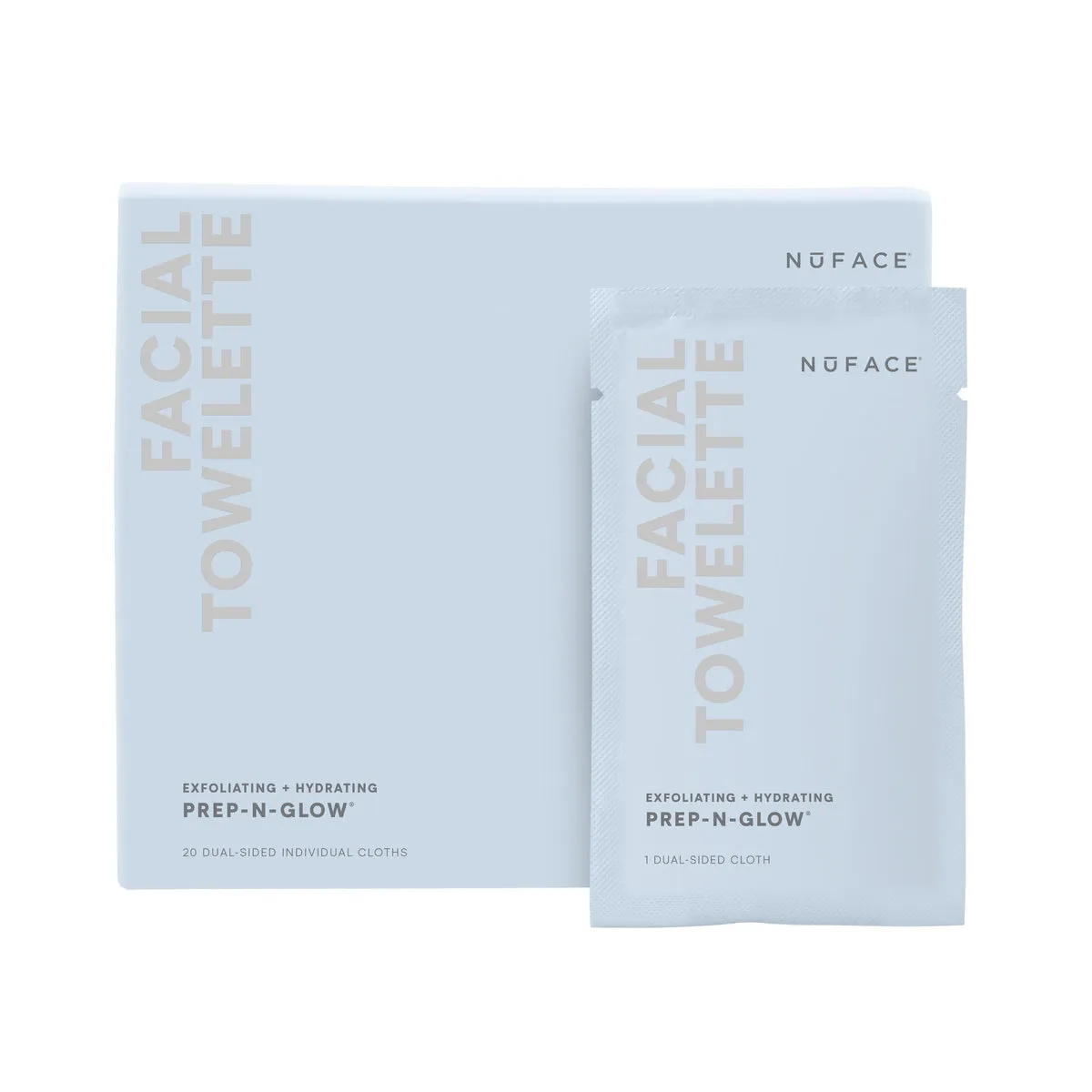 NuFACE Prep-N-Glow® Exfoliating & Hydrating Facial Wipes product box and packaging image