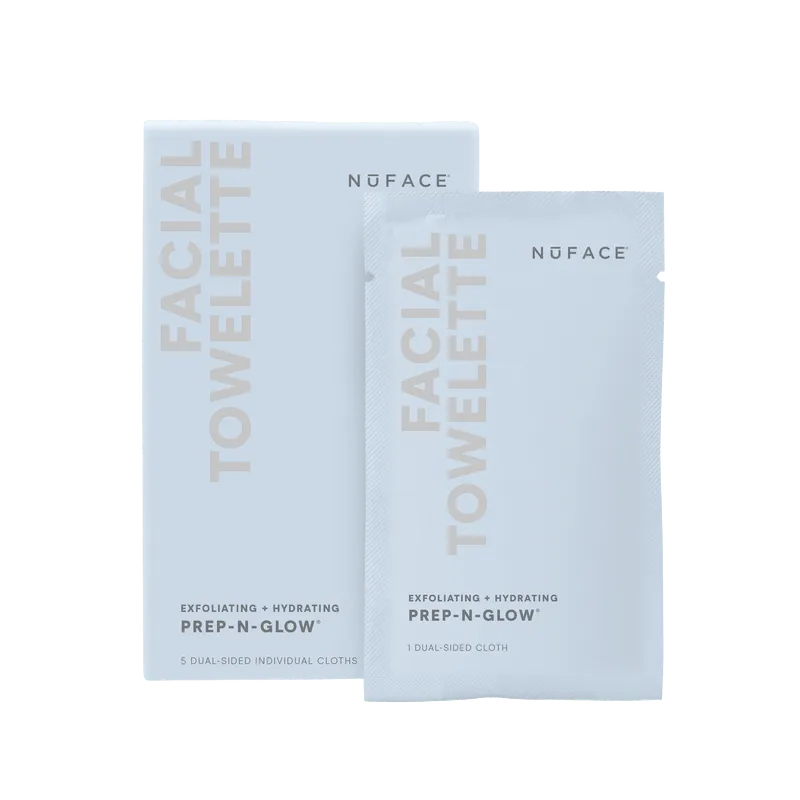 NuFACE Prep-N-Glow® Exfoliating & Hydrating Facial Wipes product box and packaging image