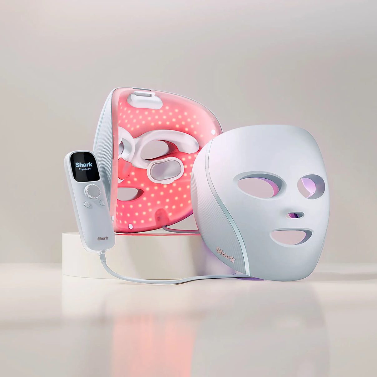 Shark Beauty CryoGlow™ Red Blue & Infrared iQLED Face Mask lifestyle photo showing the product in use